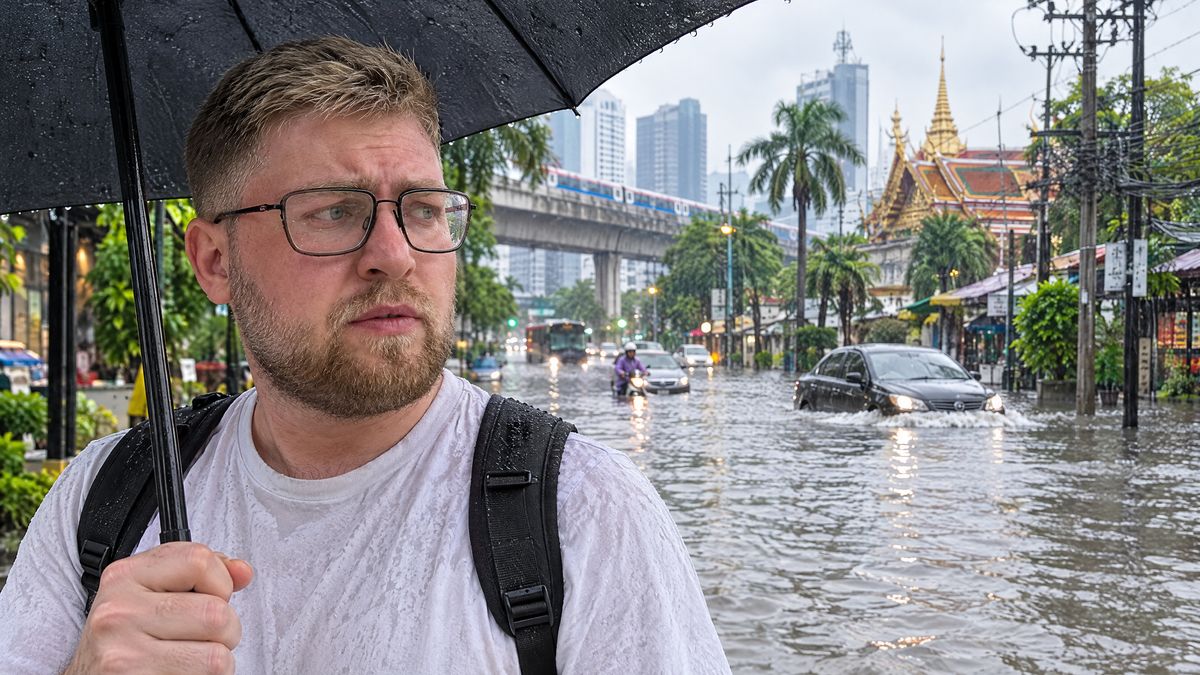 Bangkok'ta su basmış caddede şemsiyeyle duran seyahatçi