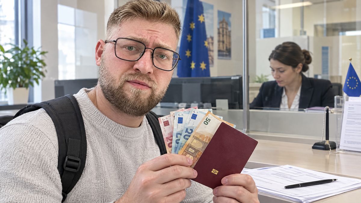 Euro banknot ve pasaportla Schengen vize ücretini hesaplayan kişi