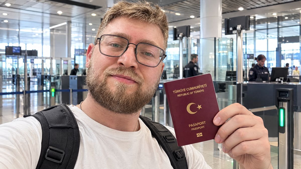 Havalimanı pasaport kontrolünde Türk pasaportunu gösteren yolcu